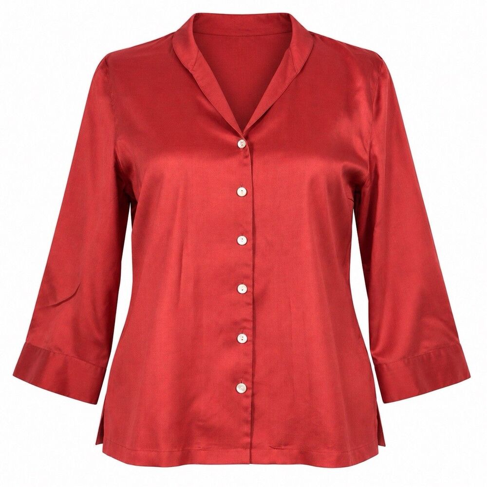 Talbots 100% Silk Blouse Womens 8 Red Shawl Collar Button Front 3/4 Sleeve